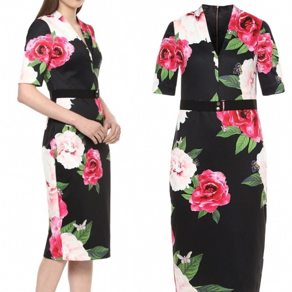 Ted Baker London Black Dress with Pink Floral Design